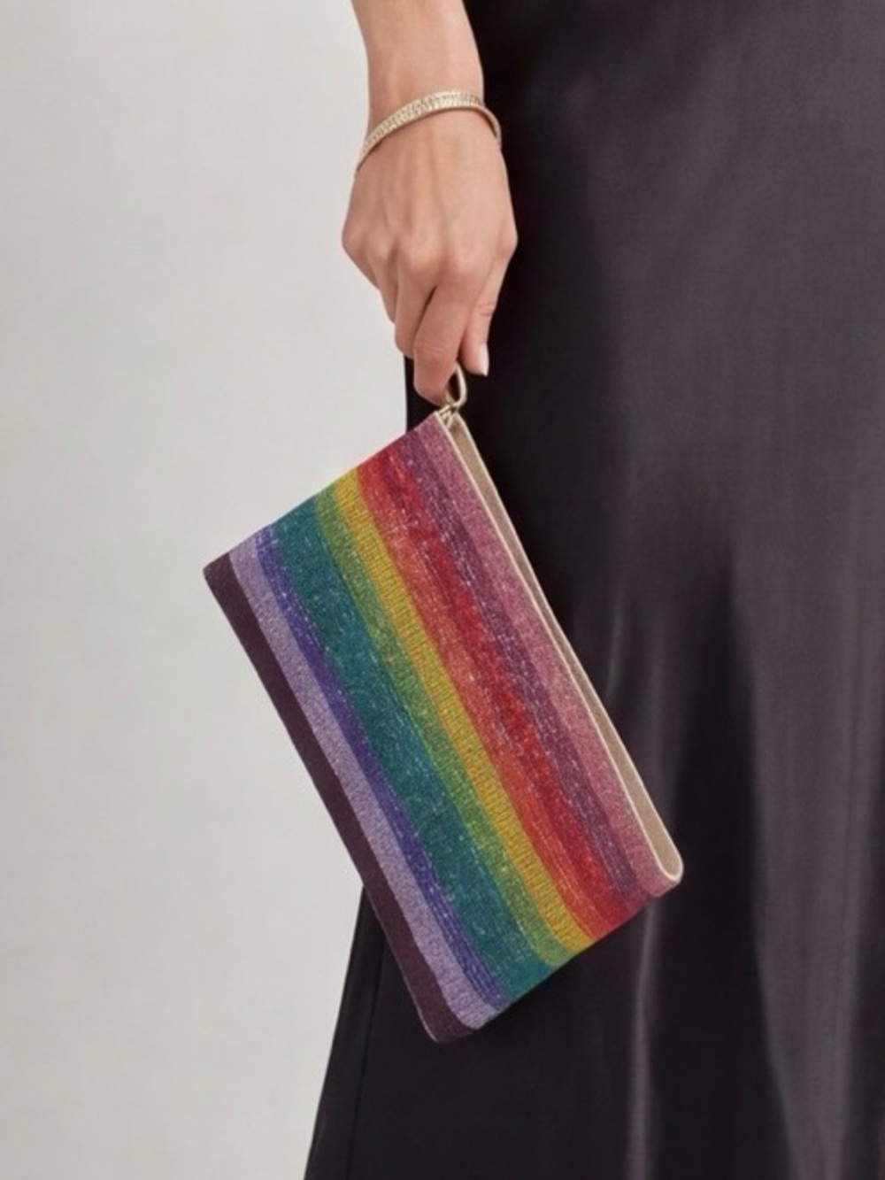 Judith Leiber Couture Champagne/Rainbow Crystal-Embellished Zip Clutch Pouch NWT